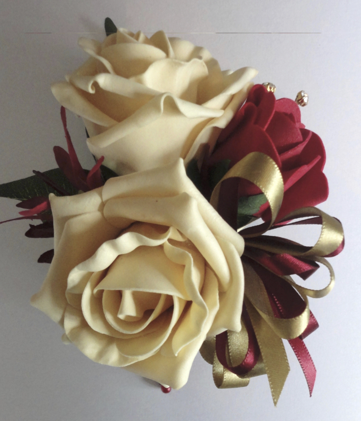 Pale Gold & Burgundy Rose & Bud Corsage with Gold Diamante Spray